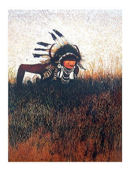 Native American man wearing feathered headdress