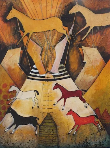 Abstract horses and teepee painting