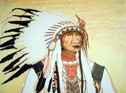 Indigenous person wearing feathered headdress
