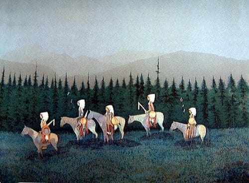 Five horsemen in wooded landscape