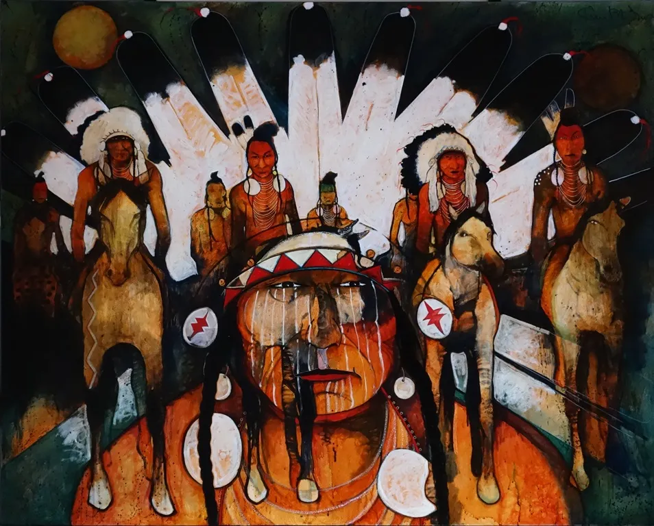 Indigenous warriors on horseback with headdresses