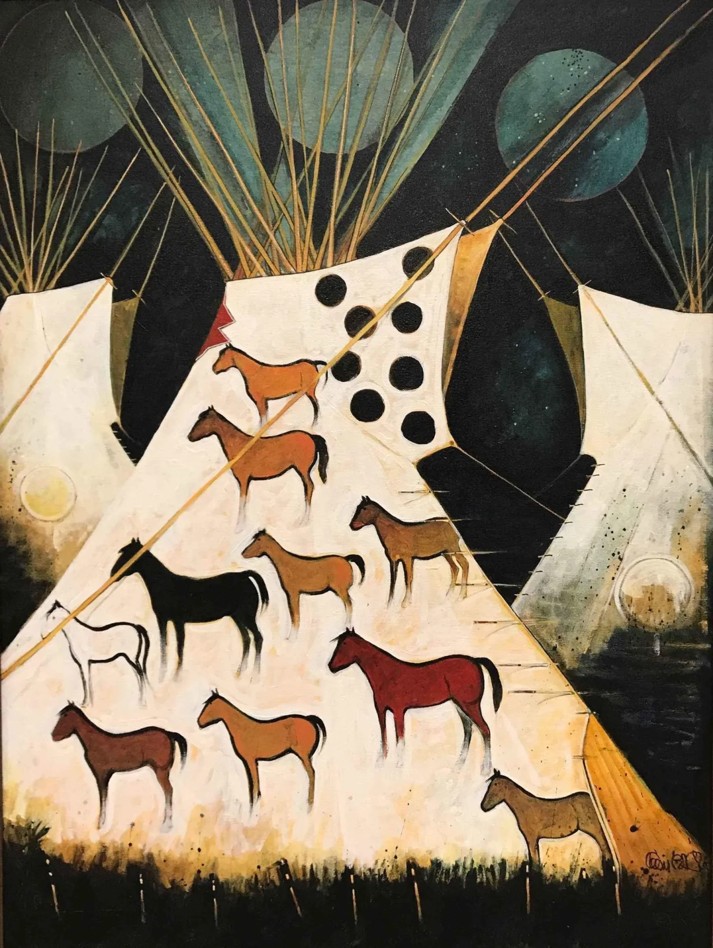 Artistic depiction of horses and teepees