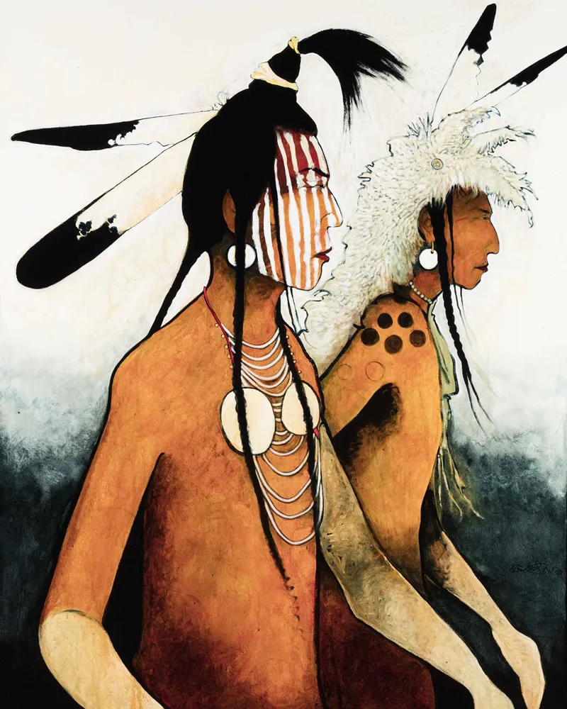 Native American warriors in traditional attire