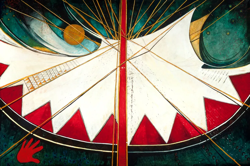Surreal artwork with hand and celestial elements