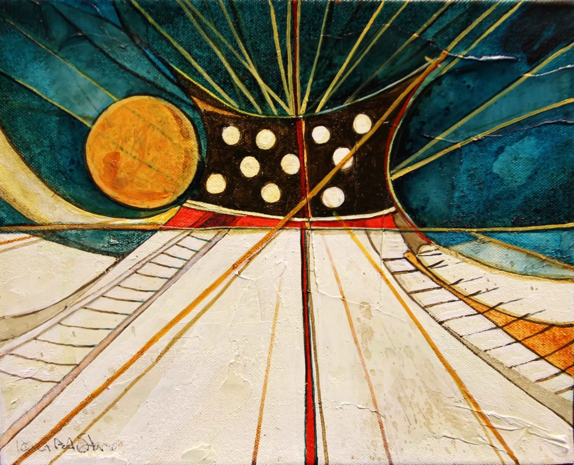 Abstract geometric painting with sun motif.