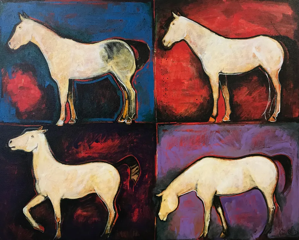 Four white horses in artistic composition