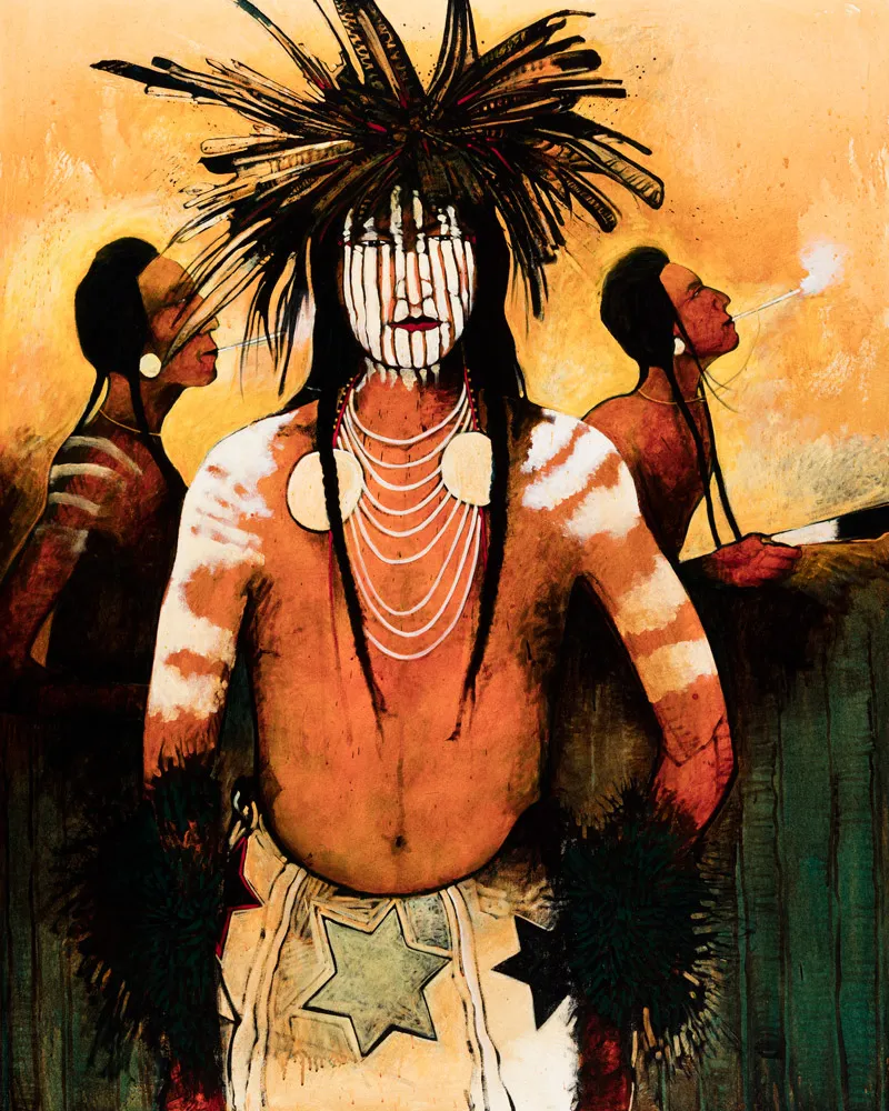 Indigenous ceremonial attire with feathered headdress