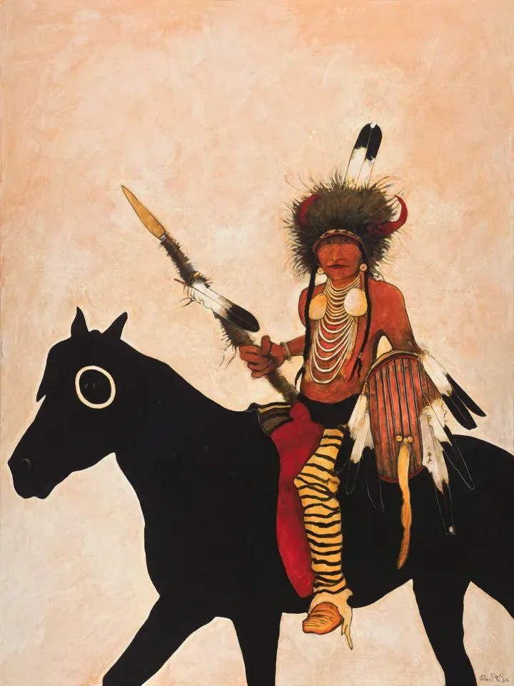 Indigenous warrior riding a black horse