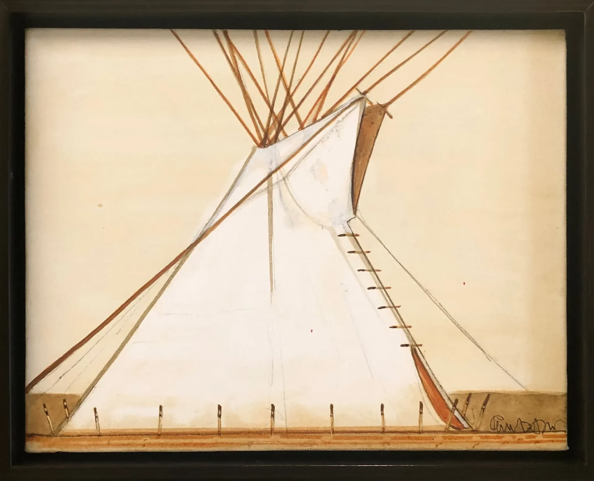 Abstract teepee drawing with brown accents.