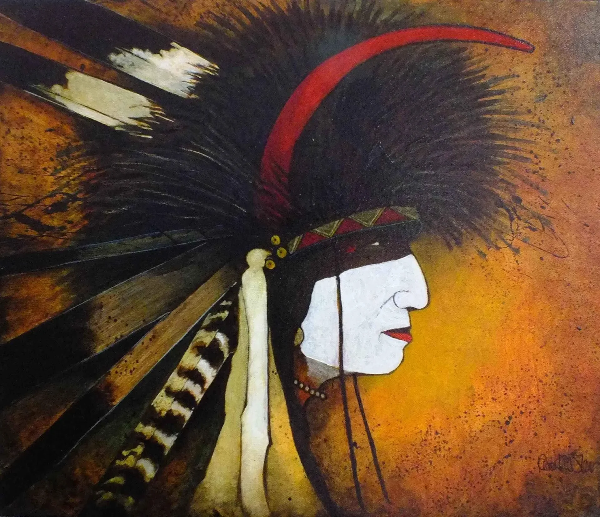 Abstract portrait with feathers and red accents