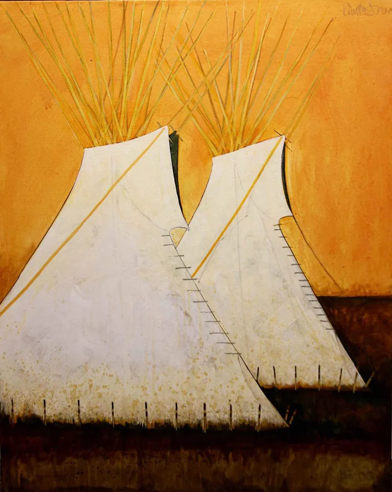 Traditional teepees in a stylized landscape
