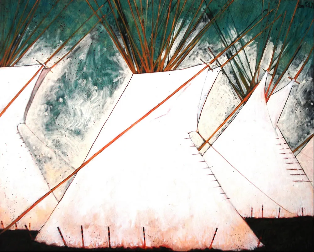 Teepees under a starry night sky