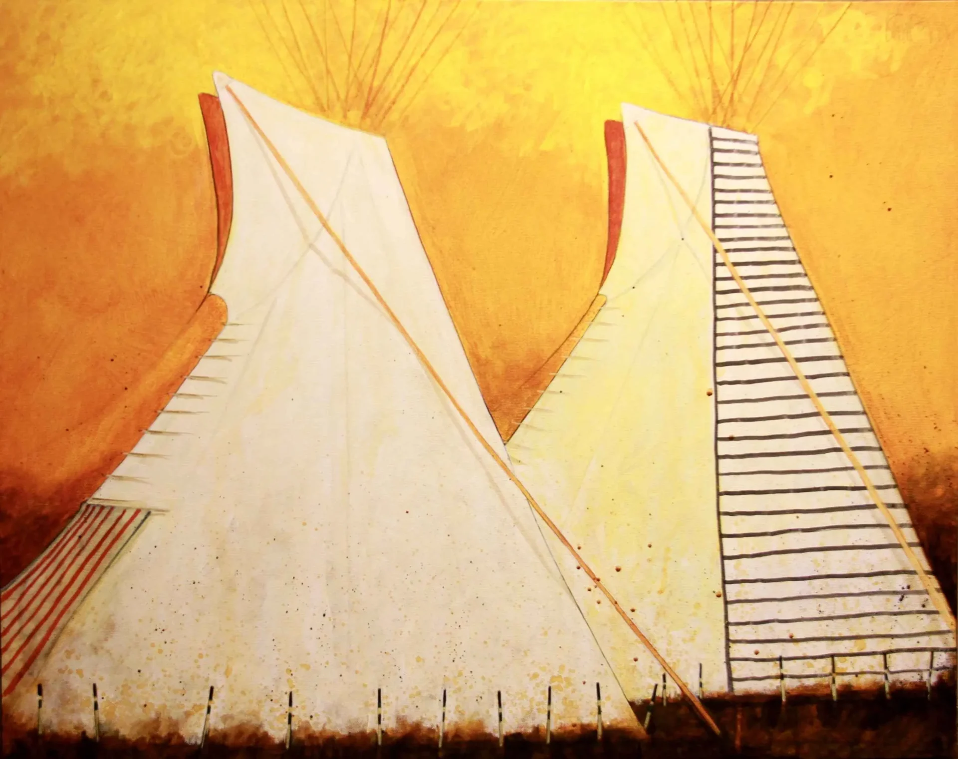 Artistic depiction of tents, yellow tones