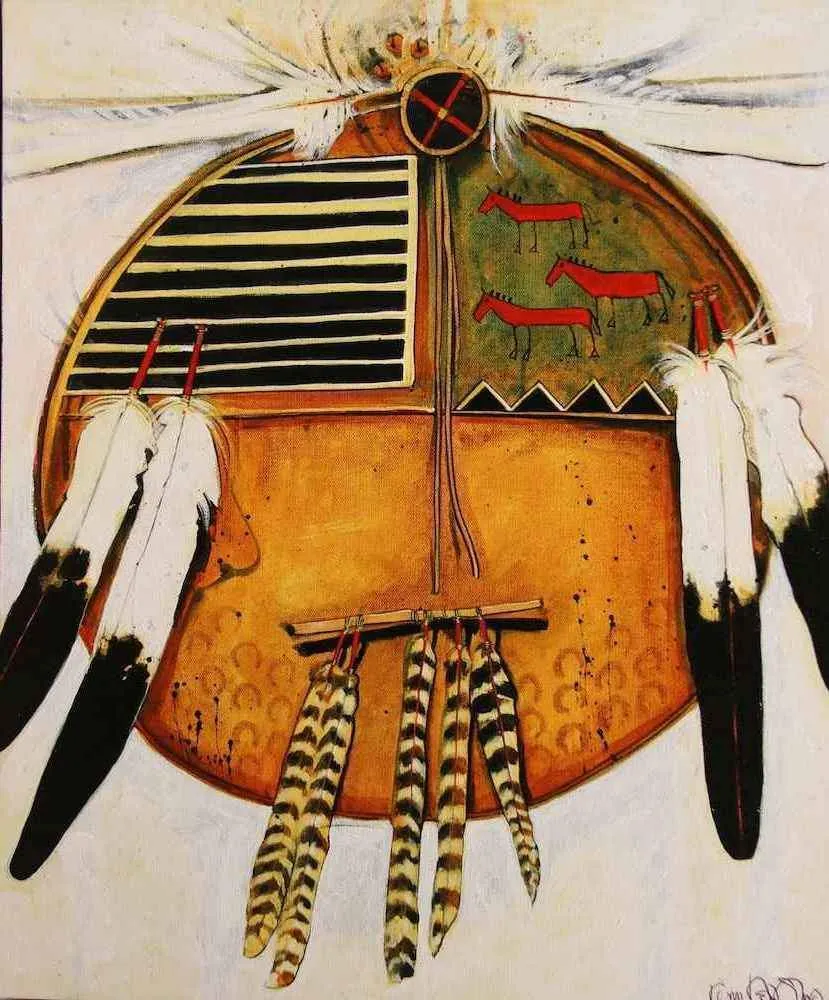 Native American shield with feathers