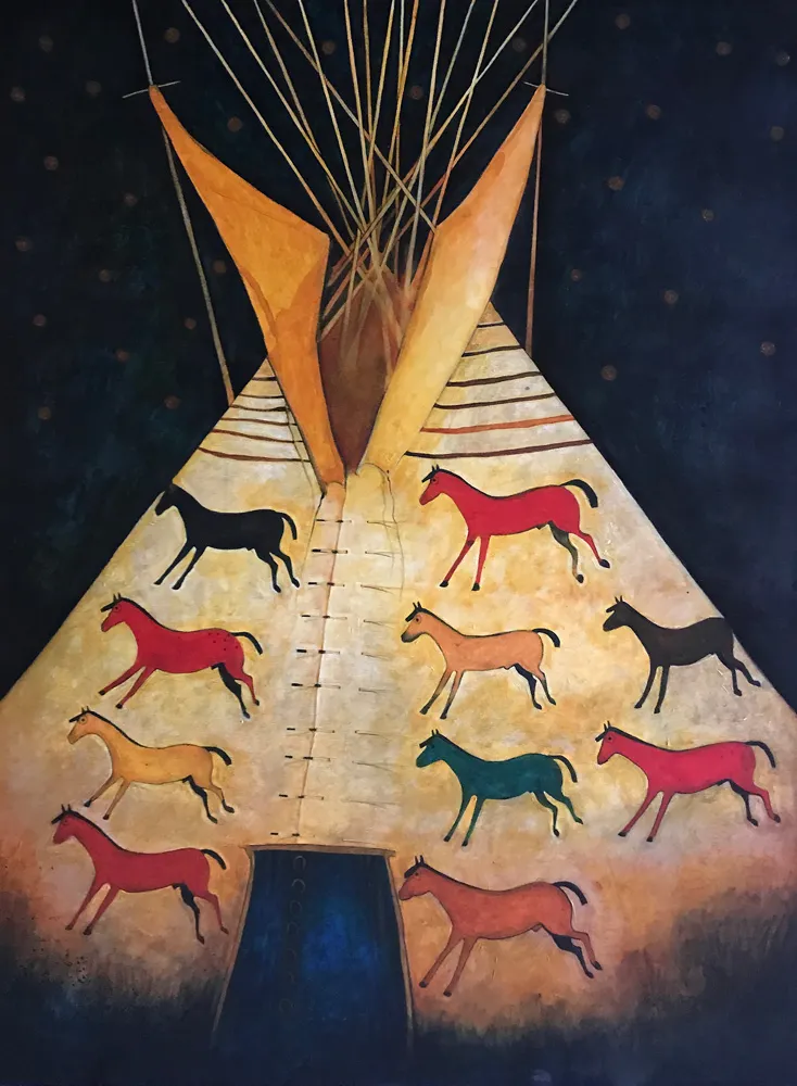 Tipi with vibrant horse designs