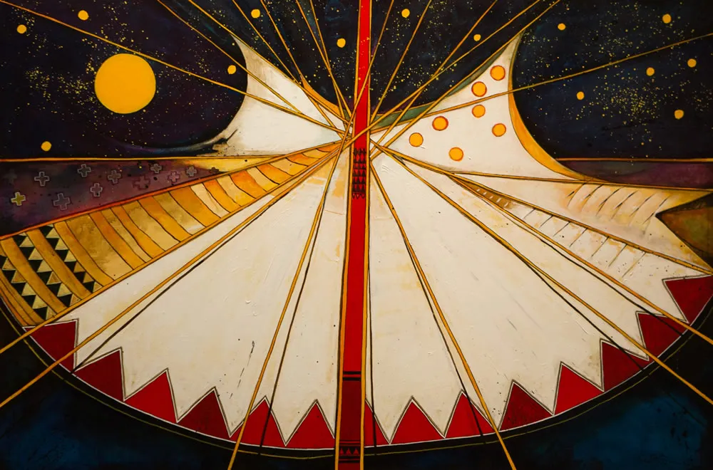 Abstract geometric painting with celestial elements