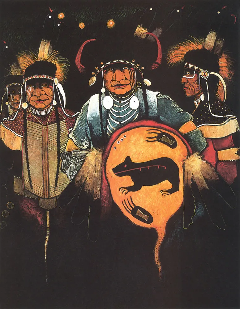 Cultural illustration with symbolic shield