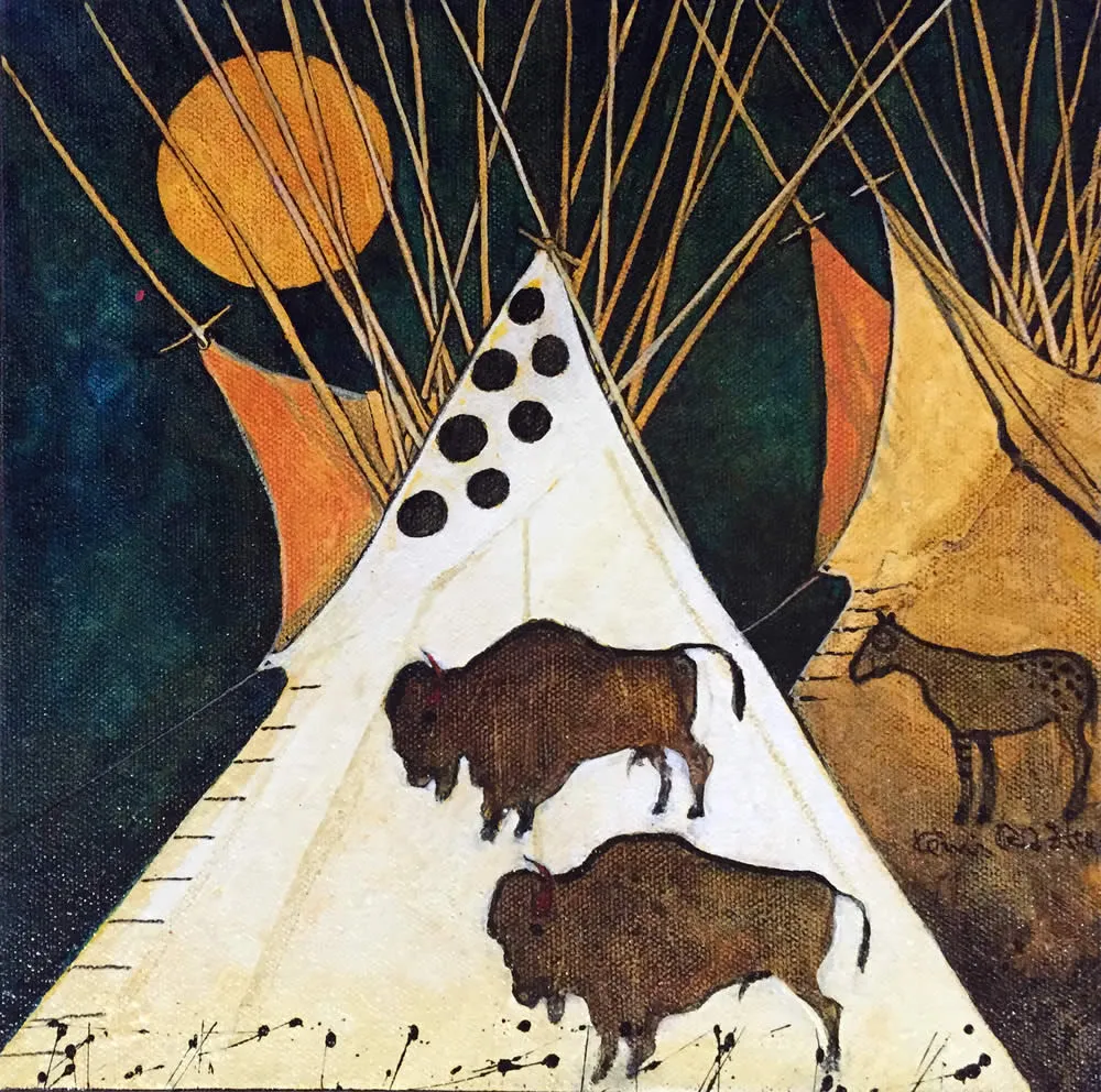 Teepees under a stylized sun