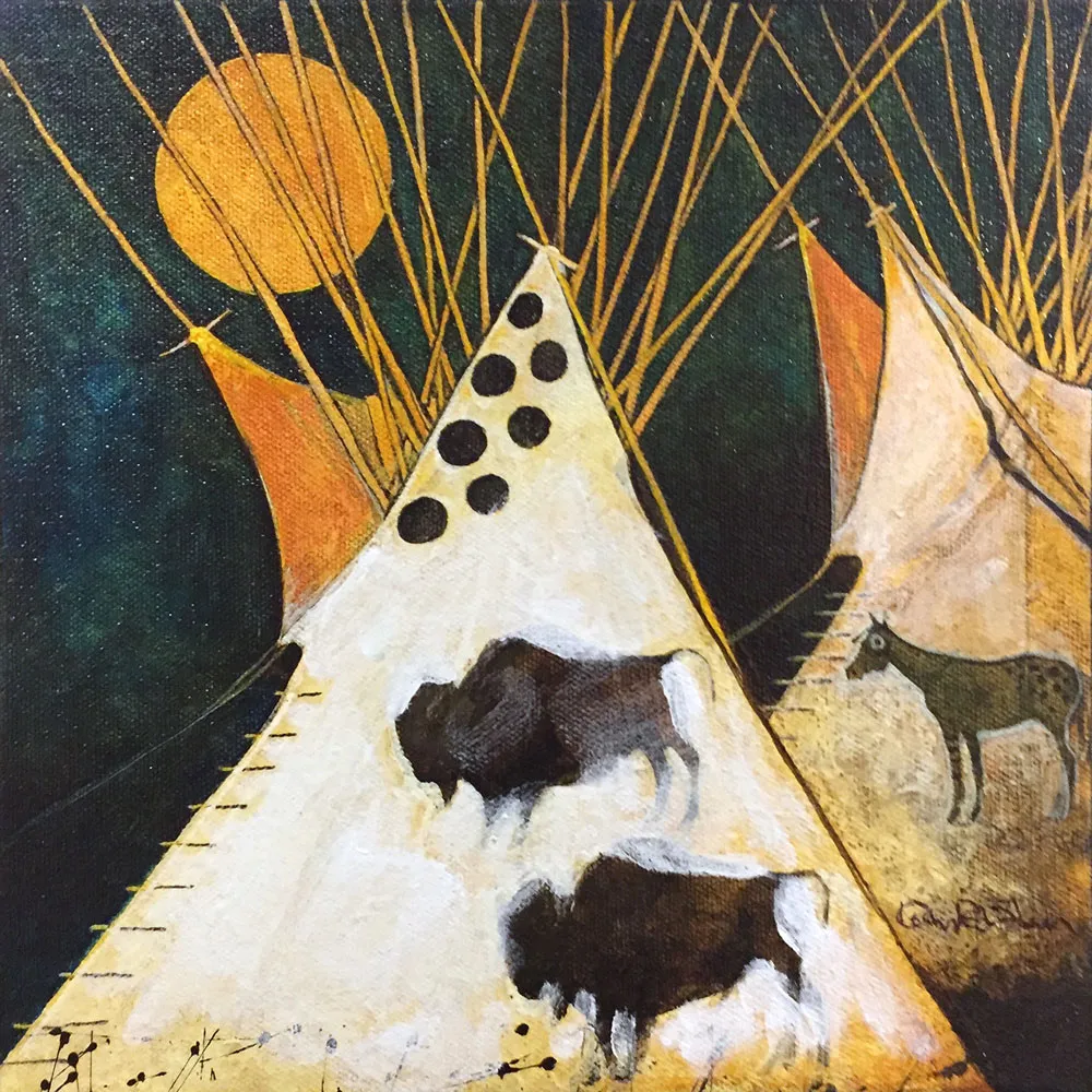 Tent scene with animals and sun