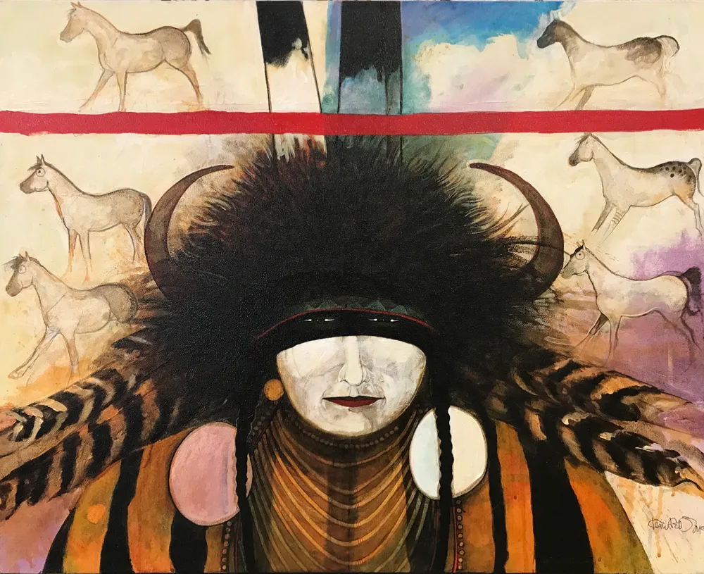 Colorful artwork featuring a headdress and animals.