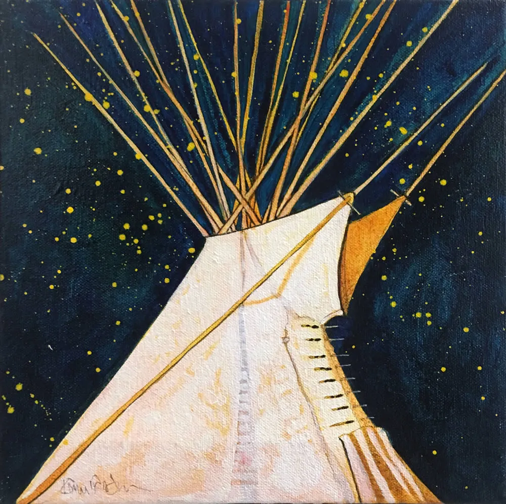 Artistic depiction of a lit teepee