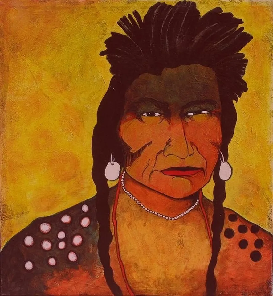 Colorful painting with bold patterns and earrings