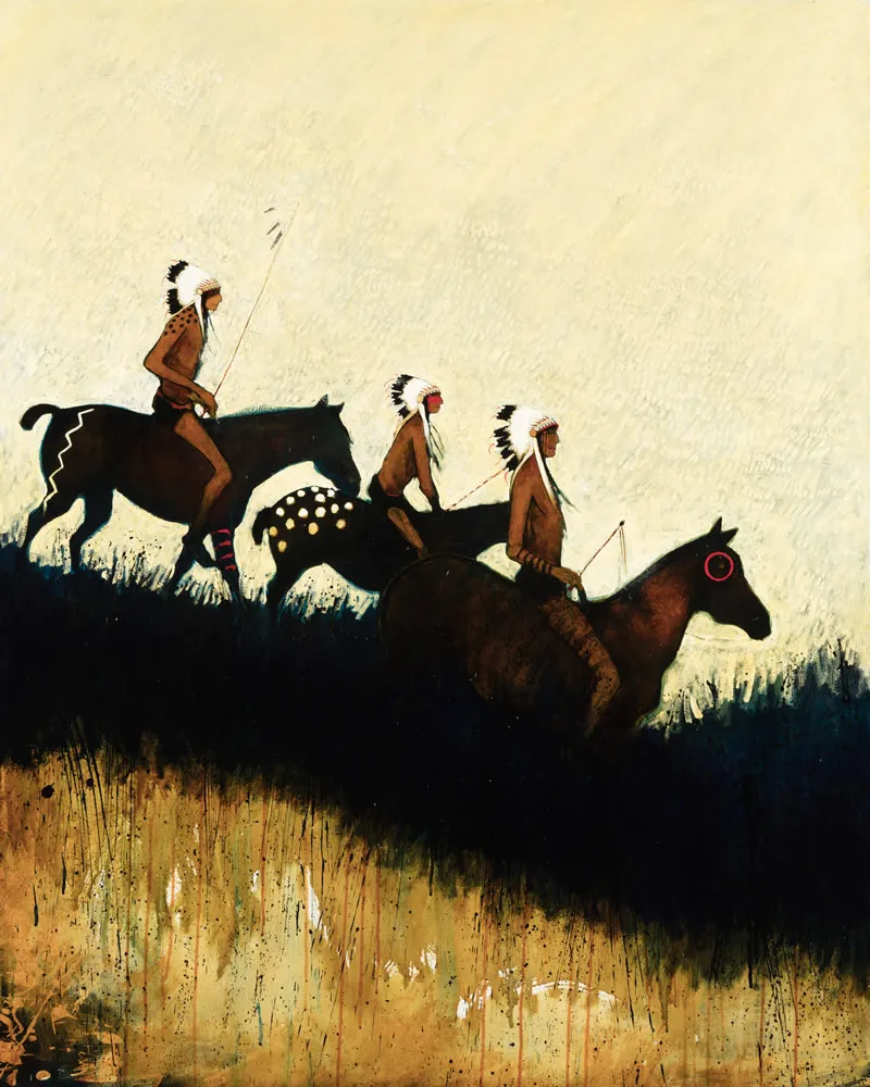 Three figures riding horses on a hill