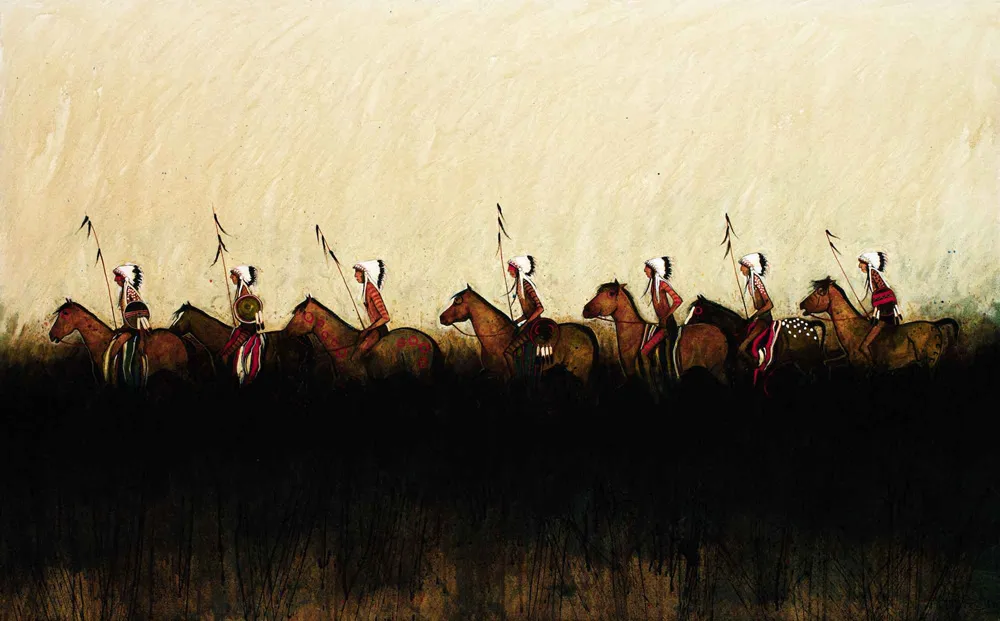 Warriors riding through grassy field