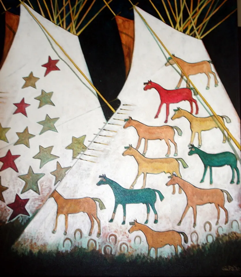 Painted teepees featuring stars and horses