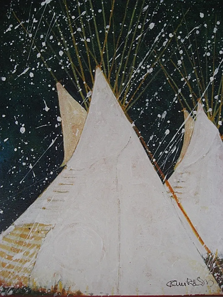 Abstract painting of three teepees
