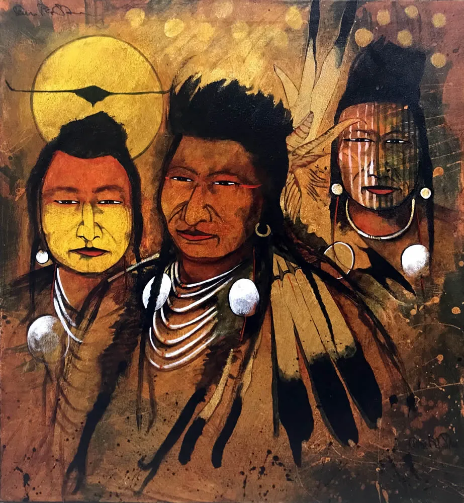 Abstract painting of three indigenous figures