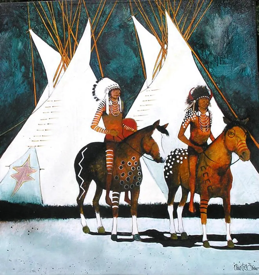 Native American riders in traditional attire