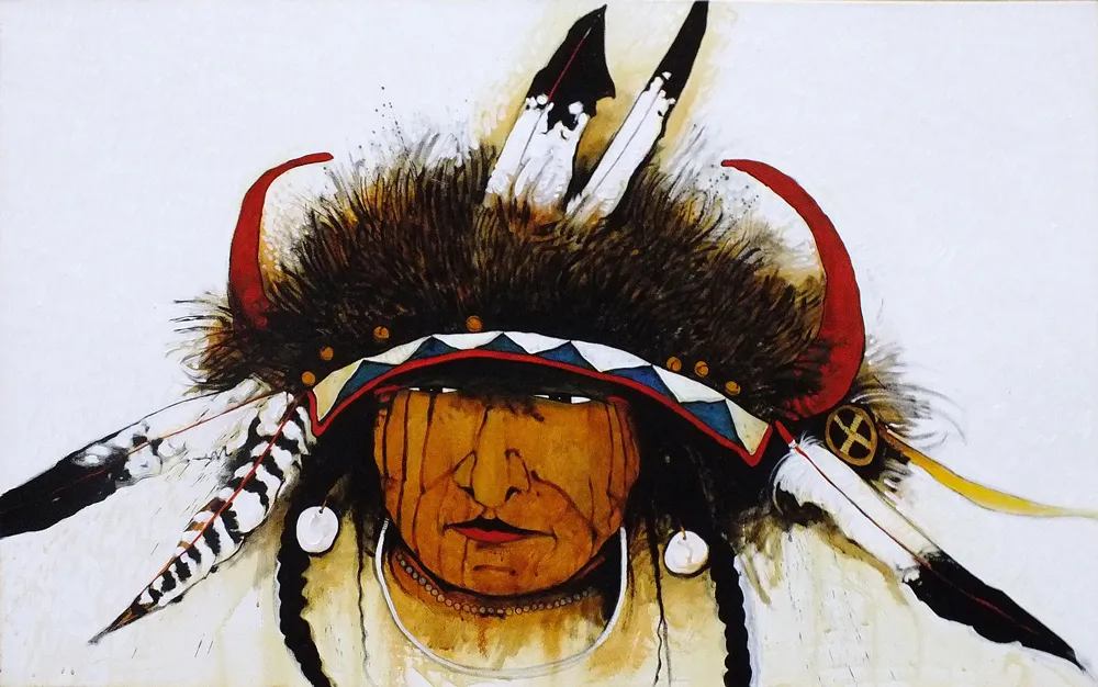 Indigenous artwork with traditional headdress
