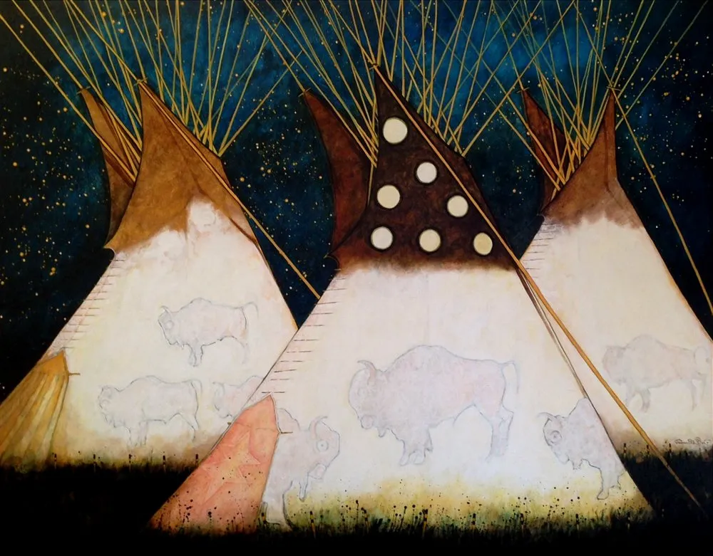 Teepees under starry sky with bison
