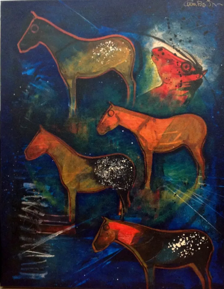 Five abstract horses with vibrant colors