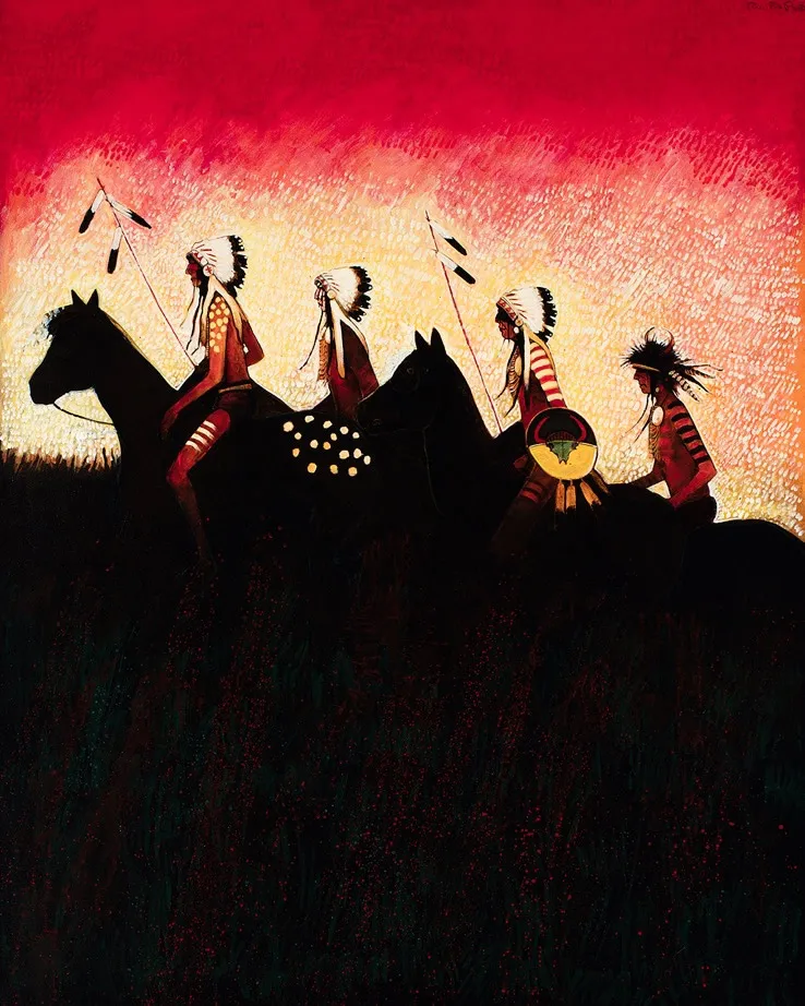 Native American horseback riders at dusk