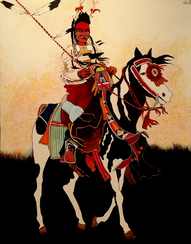 Warrior with feathered headdress on horse