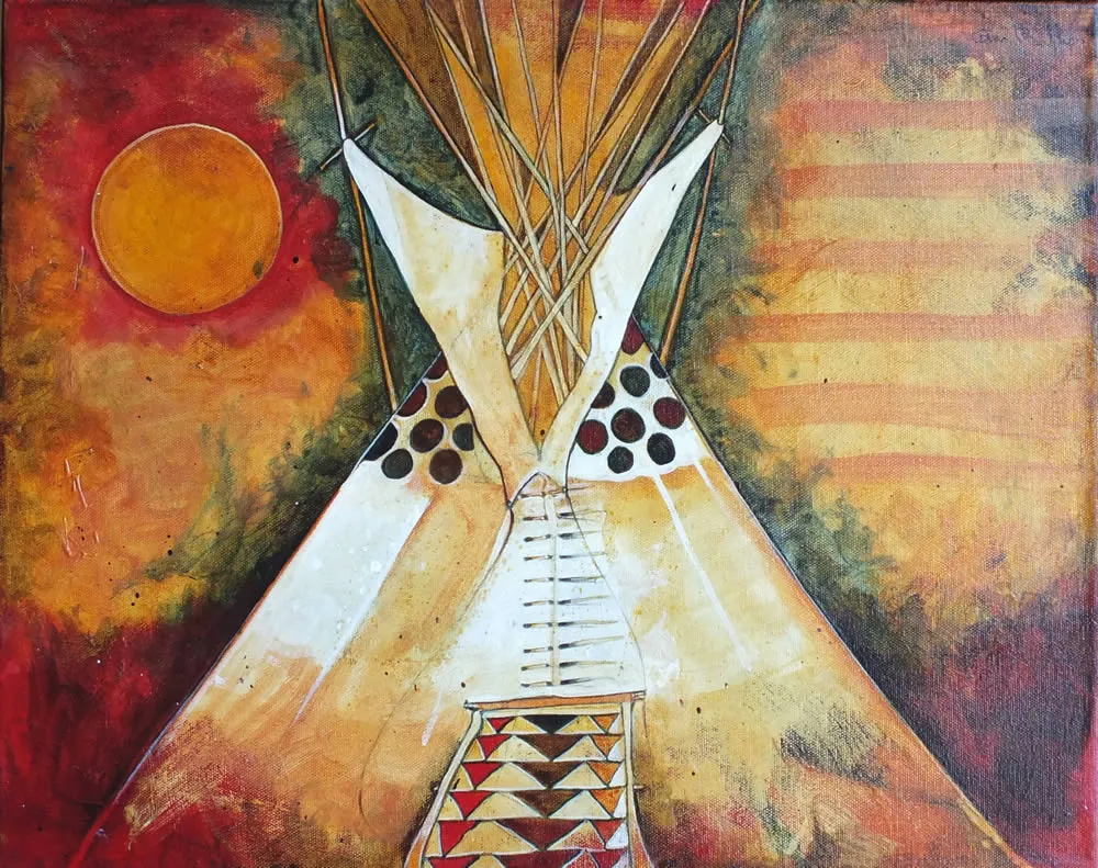 Colorful abstract teepee painting with sun