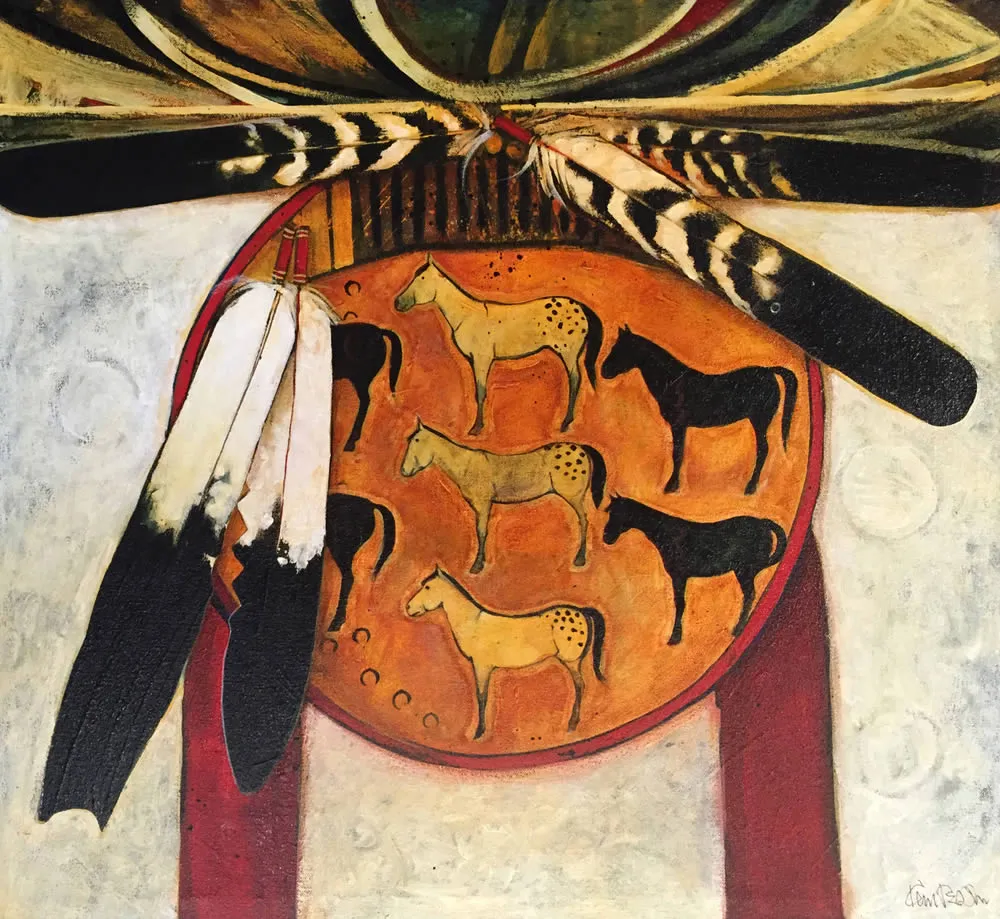 Artistic horse shield with feathers