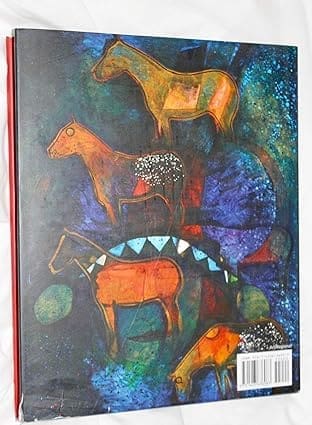 Colorful painting of five stylized horses stacked vertically.