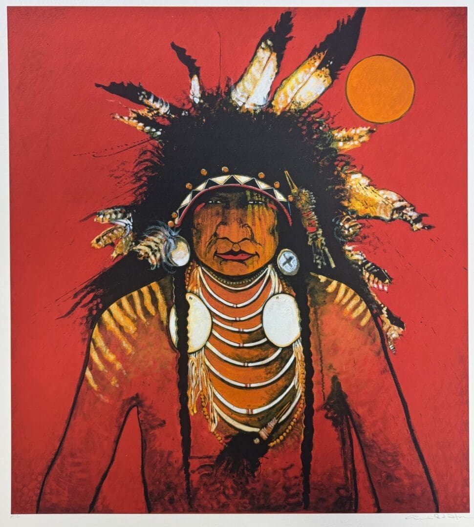 Painting of a Native American figure with a feathered headdress against a red background.