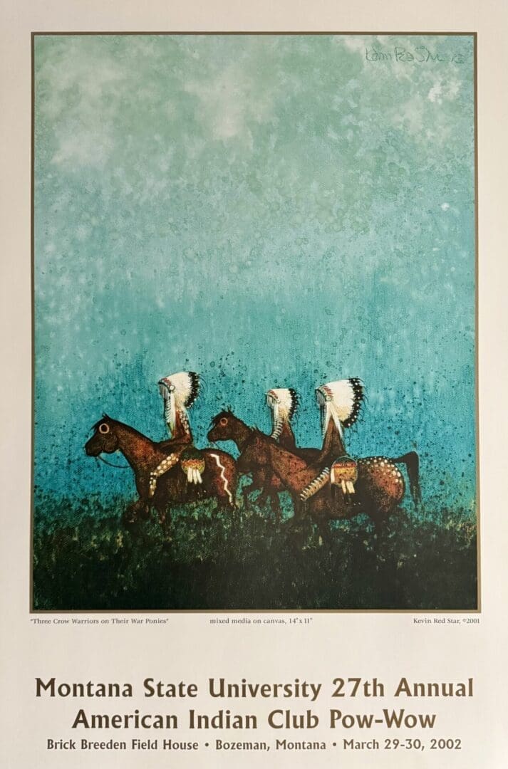 Three Native American warriors on horseback against a blue sky background.
