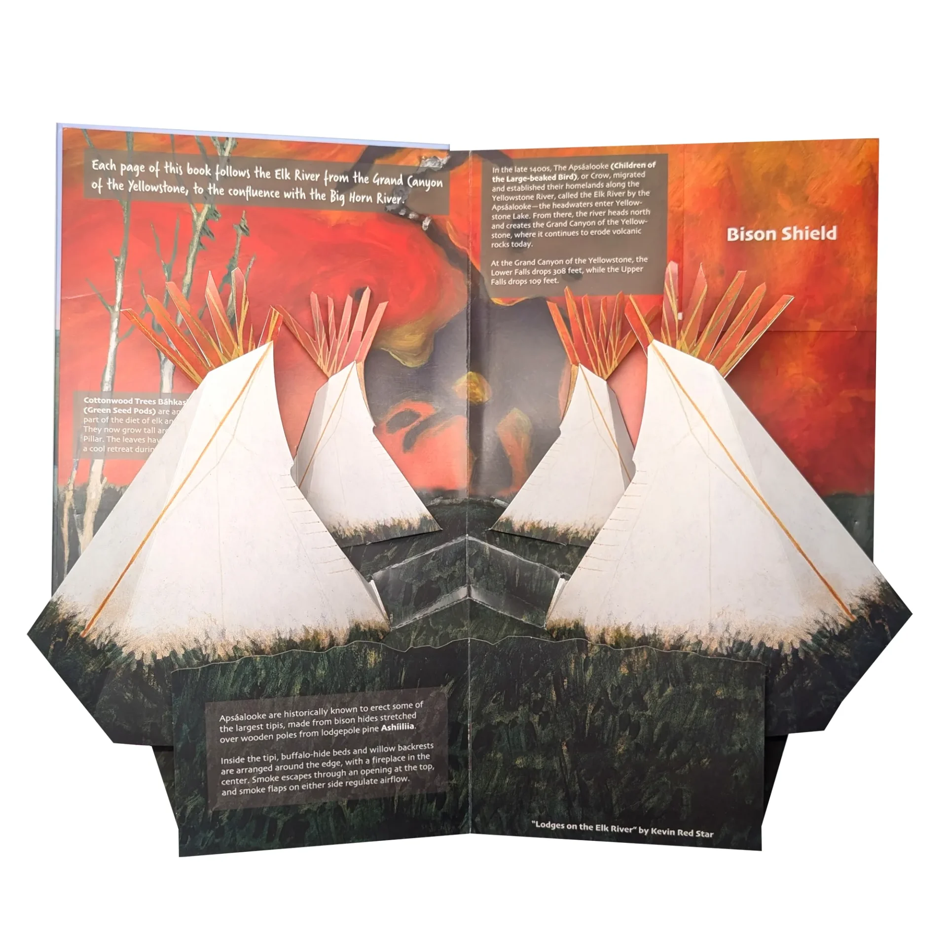 A pop-up book depicting a dramatic scene with flames and raised hands.