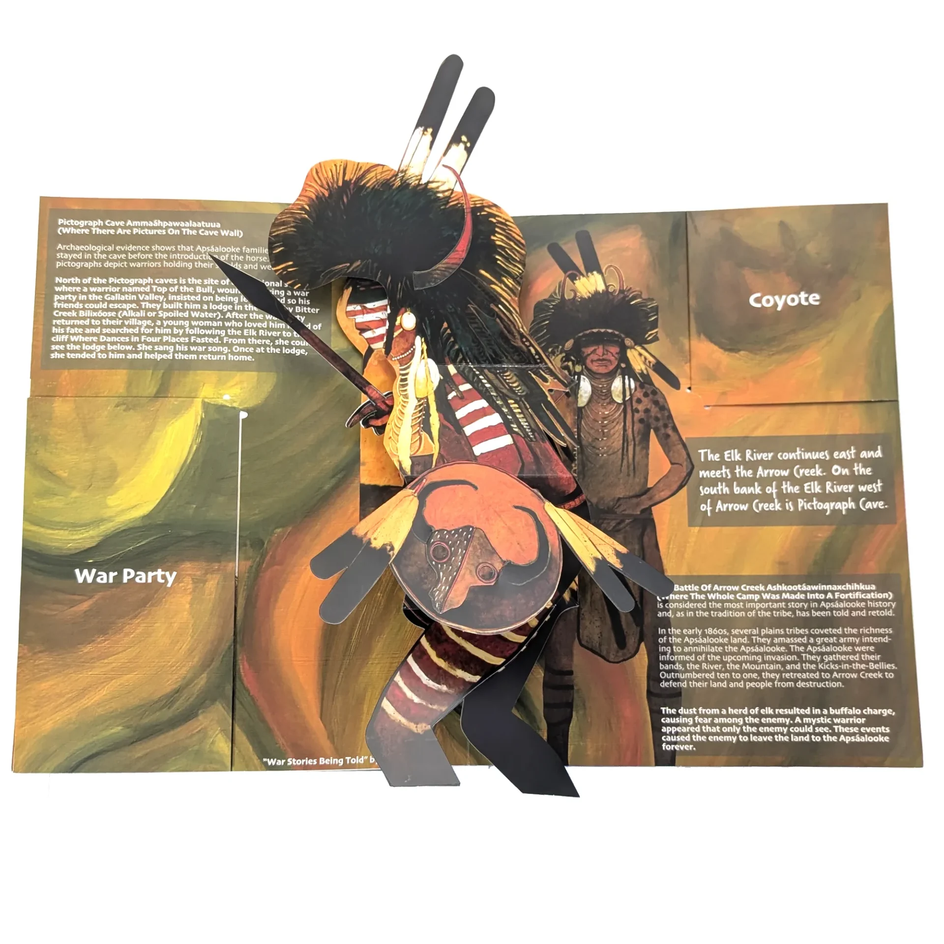 Illustration of a Native American warrior with a bow and arrows in a book.