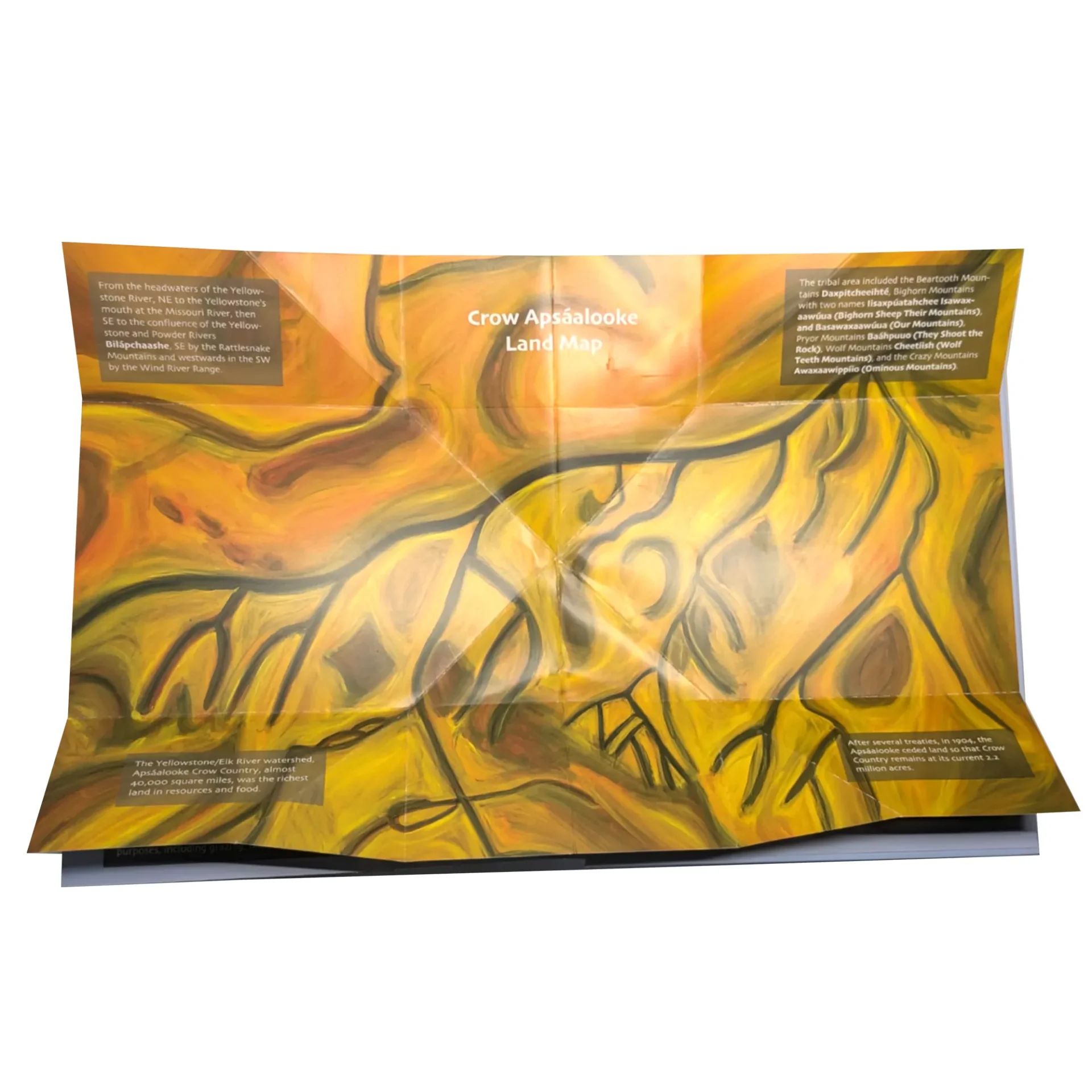 Yellow and black abstract patterned bag with text labels.