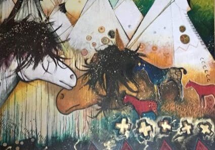 Colorful horses in abstract landscape